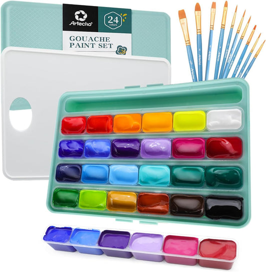 Artecho Gouache Set - 24 x 30 ml Farben mit 10 Pinseln und 1 Palette