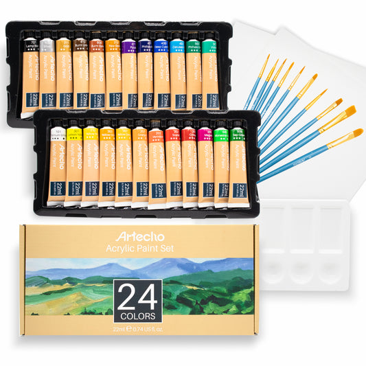 Artecho Künstlerset - 24 Farben x22ml in Tuben, 10 Pinsel, 1 Palette und 2 Malkartons