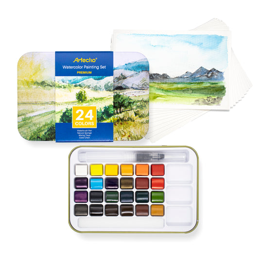 Artecho Aquarellfarben Set - 24 Farben, 1 Wassertankpinsel und 10 Aquarellpapiere