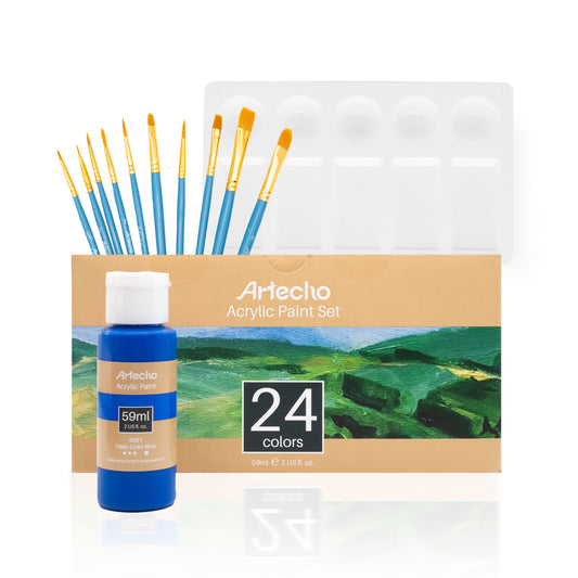 Artecho Künstlerset - 24 Farben x59ml in Flaschen, 10 Pinsel und 1 Palette