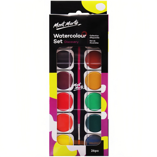 Mont Marte Aquarellmalset Discovery – 24 Farben mit 1 Pinsel und 1 Tube Deckweiß